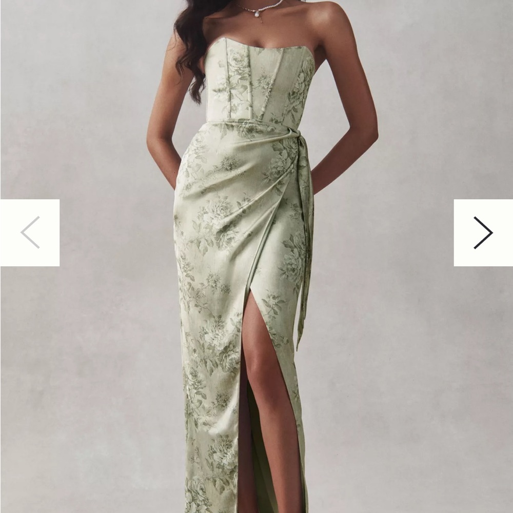 V. Chapman June Printed Corset Front-Slit Satin Gown